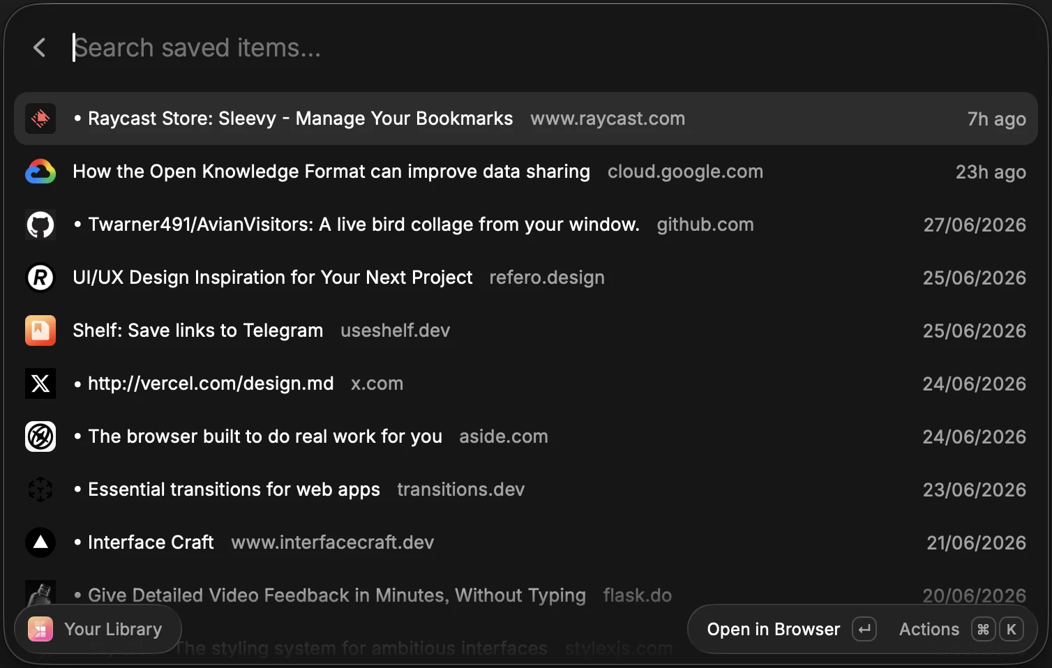 Sleevy saved links shown in Raycast search