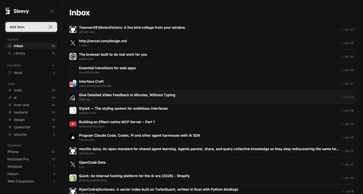 A synced Sleevy reading queue open in the web companion